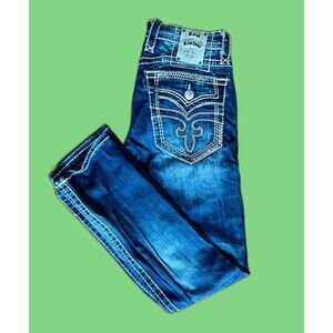 Rock Revival Jeans Ronnie Slim Straight Denim Pants Size 31x32 Flashy Embroidery